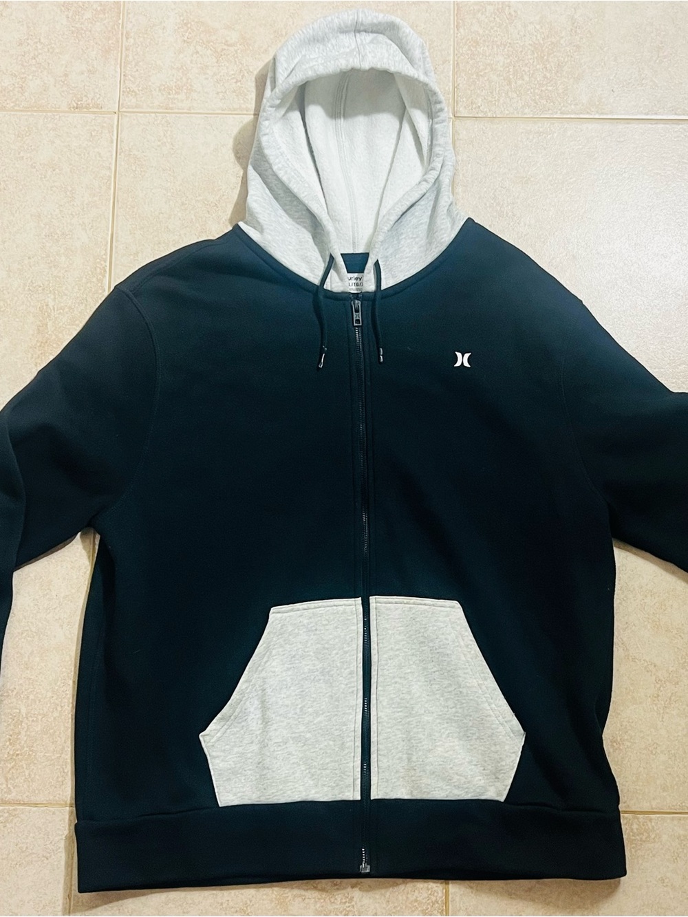 Hurley Men’s Black Zip Hoodie with Light Gray Hood & Pockets